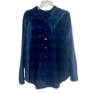 Ann Taylor Navy Blue Eyelet Long Sleeve Button Down Career Blouse Plus Size 14